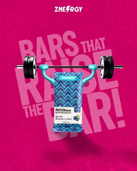 A high-contrast 4:5 ad creative that uses a digital illustration of a barbell lifting a protein bar to visually represent the concept of strength and nutrition.